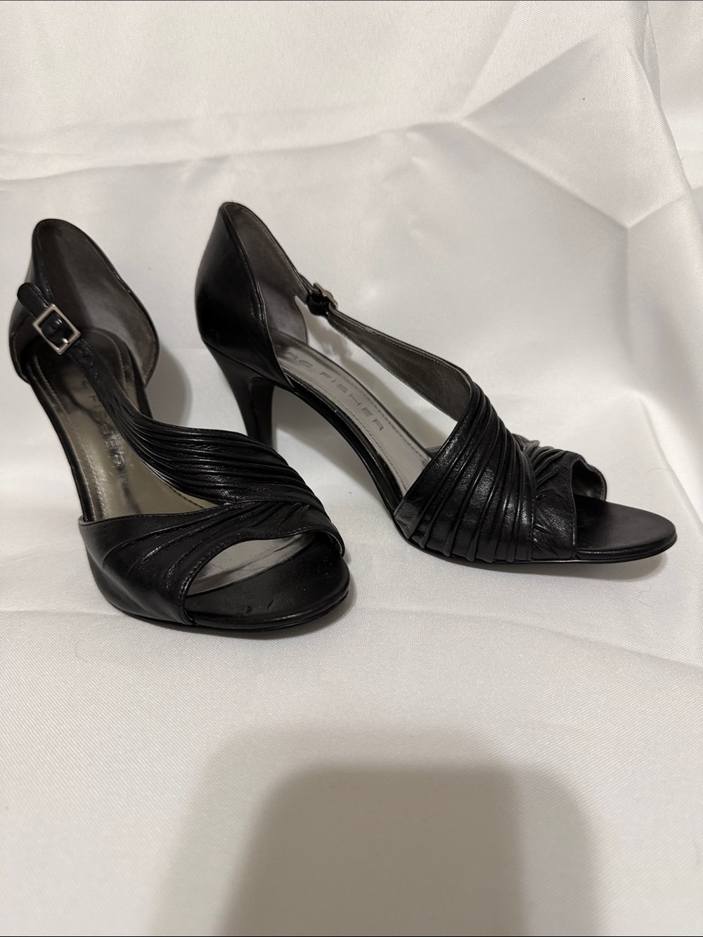 Marc Fisher Black Leather Peep-Toe Ankle-Strap Heels